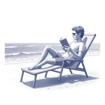 A person sitting on a beach chair near the ocean. The individual is relaxed, wearing sunglasses and holding a book in their hands. The beach chair is positioned on a sandy area, with gentle waves lapping at the shore nearby. The scene captures the calmness of the setting, with the horizon visible in the background. The person's clothing suggests a casual, comfortable style, suitable for a day at the beach.