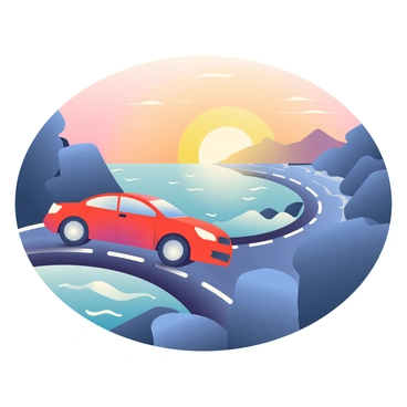 A bright red car is driving along a winding coastal road. The car's sleek design is highlighted by the golden rays of a setting sun in the background. The sky is painted in hues of orange, pink, and purple as the sun dips toward the horizon. On either side of the road, rocky cliffs rise above the sea, with waves gently crashing against the rocks. The ocean reflects the colors of the sunset, creating a shimmering effect. In the distance, silhouettes of distant mountains can be seen against the colorful sky.