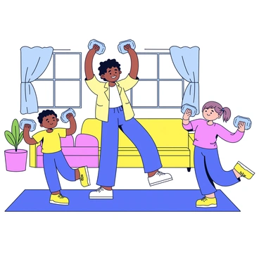 A family is in a bright, open living room, engaging in exercise together. One parent is standing and performing a shoulder press with a pair of light dumbbells raised above their head. The parent is wearing a comfortable workout outfit. Two children are nearby, each mimicking the parent's movement, lifting their small toy weights with smiles on their faces. The room has a large window allowing natural light to flood in, creating a cheerful atmosphere. The floor is covered with a colorful exercise mat, and there are a few scattered toys in the background.