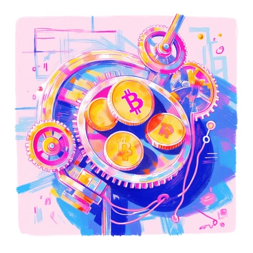 A mechanical device is depicted in a 3D view, showcasing intricate gears and pulleys. The device has various metallic components that reflect light, emphasizing its complexity. At the center, spinning bitcoins are integrated into the mechanism, each bitcoin is depicted in rich detail, with golden hues and the iconic "B" symbol clearly visible. Surrounding the device, wires and circuits are connected, suggesting an advanced technological system. The background includes faint outlines of data streams, enhancing the tech-inspired theme of the image.