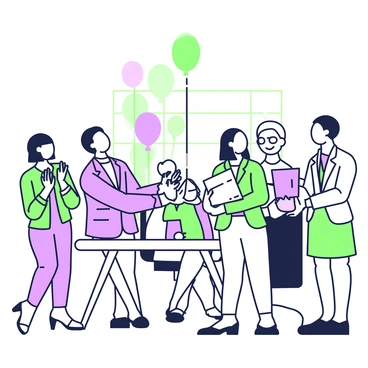 A manager is standing next to an employee, presenting an award in a bright office environment. The manager is wearing a tailored suit and smiles as they hold out a certificate. The employee, dressed in business casual attire, looks proud while accepting the award. In the background, colorful balloons are floating from a table, and several colleagues are standing, clapping, and smiling in celebration. There is a large window behind them, allowing natural light to flood the space.