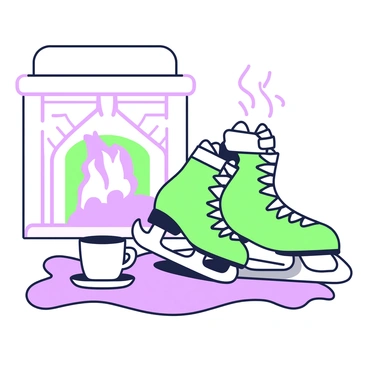 A pair of ice skates is resting on a cozy rug beside a steaming cup of hot cocoa. The skates feature white laces and shiny blades, arranged neatly. The cup is ceramic and has a delicate handle, with wisps of steam rising from the hot cocoa topped with marshmallows. In the background, there is a fireplace with a warm glow, casting light on the surrounding area. The scene evokes a sense of comfort and warmth, perfect for a winter evening.
