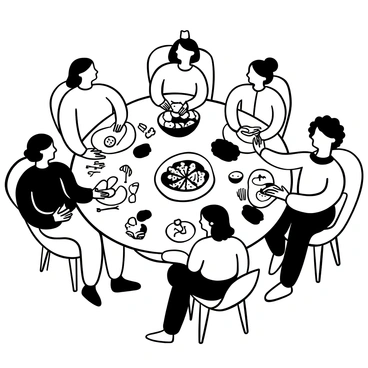 A large dinner table is set with an array of dishes from various cultures, featuring items such as sushi rolls on a platter, a bowl of pasta with a rich sauce, a vibrant vegetable curry in a dish, and an assortment of bread from different regions. There are decorative utensils like chopsticks and forks placed around the table. Surrounding the table, people of different backgrounds are sitting, dressed in traditional attire from their respective cultures, engaging in conversation and sharing the food. Some individuals are reaching for the dishes, while others are serving one another. The overall atmosphere captures a sense of unity and diversity through the shared meal.