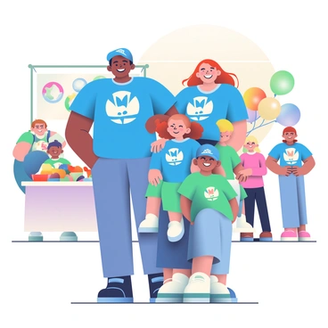 A family of four is gathered at a community event, all wearing matching brand merchandise. The parents, a father with short black hair and a mother with long brown hair, are wearing bright blue t-shirts with a white logo. Their two children, a boy with blonde hair and a girl with curly red hair, are also in matching t-shirts alongside blue baseball caps featuring the same logo. The family is smiling and standing together in front of a colorful backdrop of balloons and banners. Nearby, there are tables with various activities and snacks, and other families are enjoying the event around them.