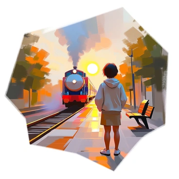 A person with medium skin tone and short black hair stands on a wooden platform, gazing intently at a departing train. The train, painted in deep red and blue, is moving away, creating a billow of smoke that drifts into the air. The platform is surrounded by lush green trees, and a vintage-style wooden bench is visible nearby. The sun is setting in the background, casting a warm golden light over the scene, accentuating the person's contemplative expression as they watch the train fade into the distance.
