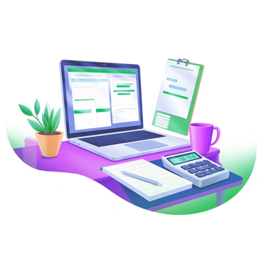 A modern office desk featuring a sleek laptop with spreadsheets open on the screen. Next to the laptop, there is a silver calculator, displaying numbers on its screen. The desk is organized with a notebook and a pen resting nearby. A potted plant adds a touch of greenery to the workspace, while a coffee mug sits to the side, contributing to the office ambiance.