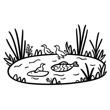 A city park pond with rippling water reflecting the surroundings. A dead fish is floating near the edge of the pond. Several curious ducks are gathered around the fish, their bodies partially submerged in the water. Lush grass and small wildflowers frame the pond's edge, enhancing the natural scenery. A few tall reeds stand in the background, swaying gently in the breeze.