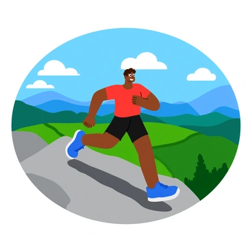 A jogger wearing a bright red shirt and black shorts is reaching the peak of a rocky mountain. The jogger has a determined expression and is slightly bent forward as they push themselves to the top. In the background, there is a panoramic view of lush green valleys and distant blue mountains under a clear blue sky. Fluffy white clouds float across the horizon. The sunlight casts sharp shadows on the rocky terrain, highlighting the jogger's energetic movement.