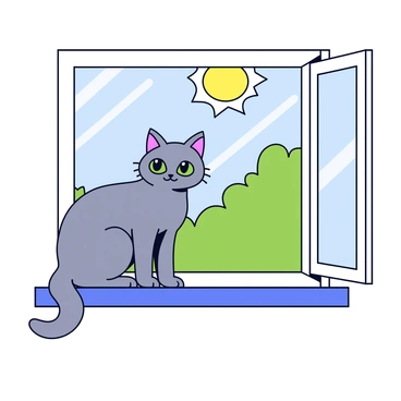 A cat with a sleek gray coat is perched on a narrow window ledge. The cat has bright green eyes, filled with curiosity as it gazes outside. The window is open slightly, allowing a gentle breeze to flow in. Sunlight streams through the window, casting warm rays onto the cat's fur and illuminating the vibrant greenery visible outside. The scene captures a sense of tranquility as the cat observes the sunny world beyond with focused attention.