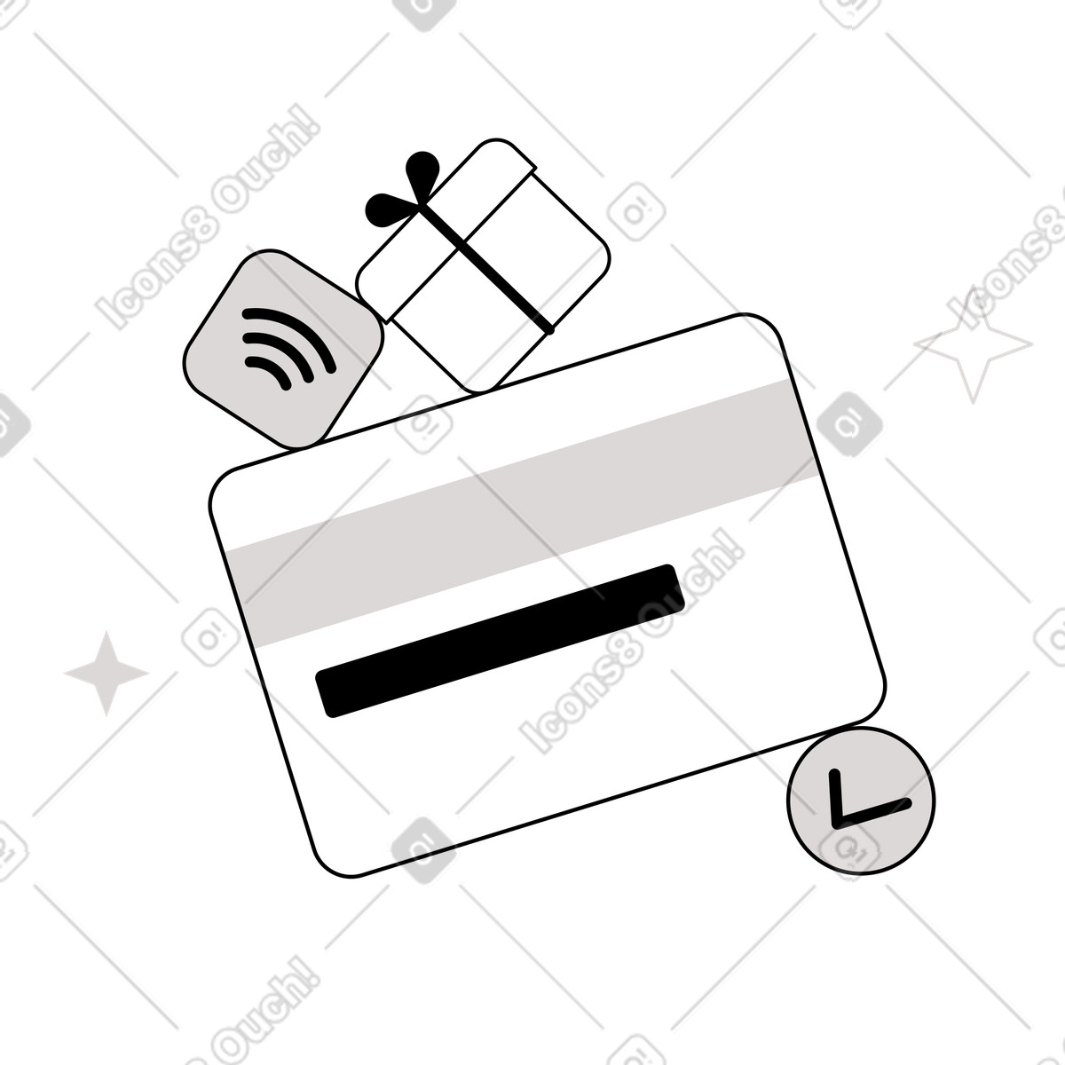Ilustración Contactless credit card, gift, and checkmark, Fast payment checkout en estilo Shade a descargar en PNG y SVG