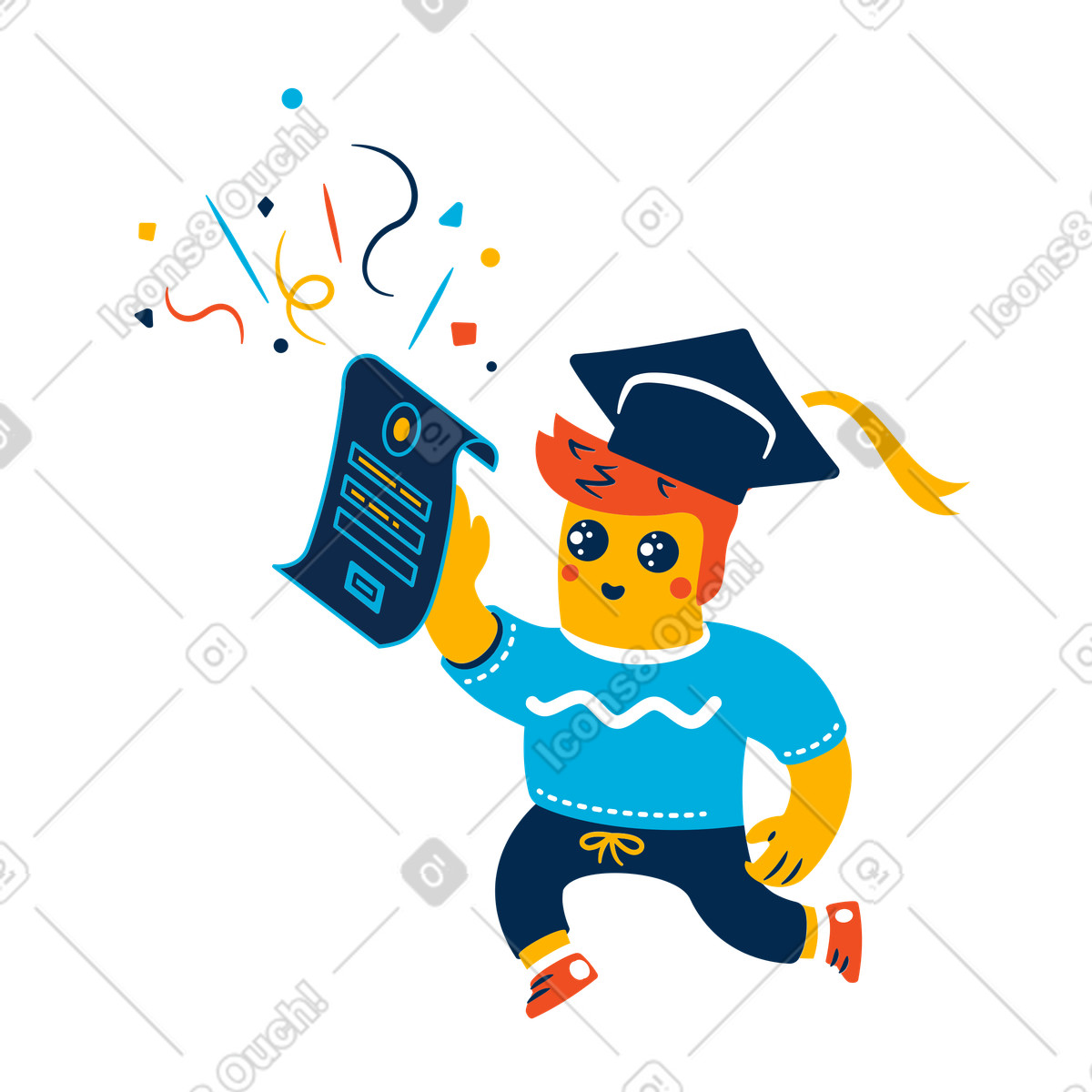 Man in graduation cap showing his diploma illustration in Flame style download in PNG, SVG