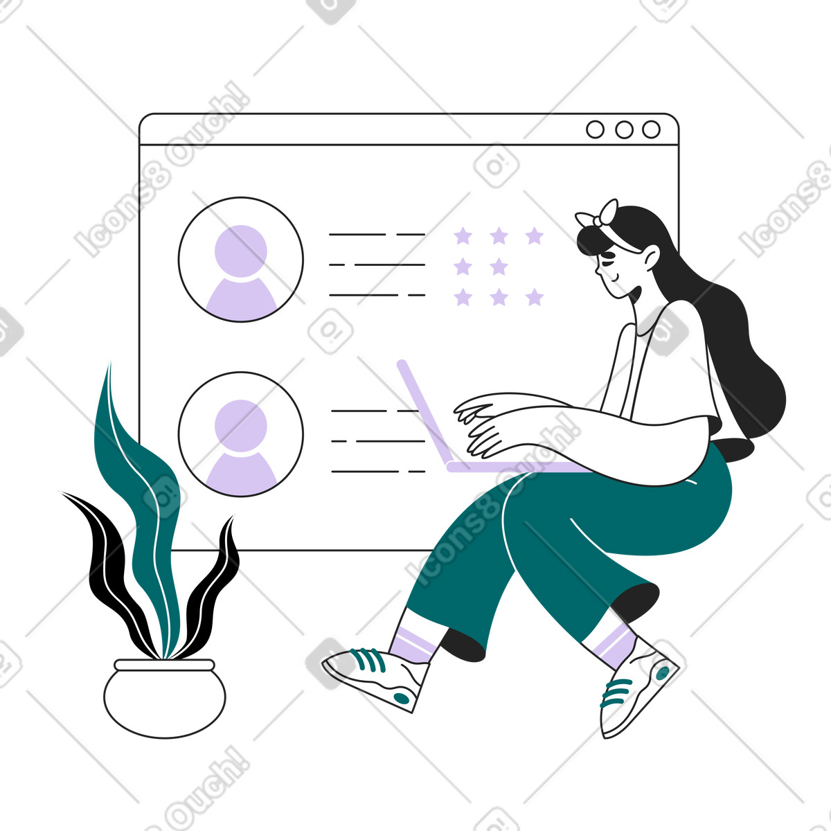 Laptop user viewing profile ratings, Online review or feedback system illustrazione in stile Sammy Line scarica in PNG, SVG