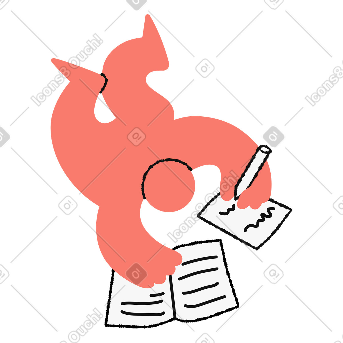 Illustration Homework student writing notes with pen notebook and paper sheets dans le style Bold People à télécharger aux formats PNG, SVG