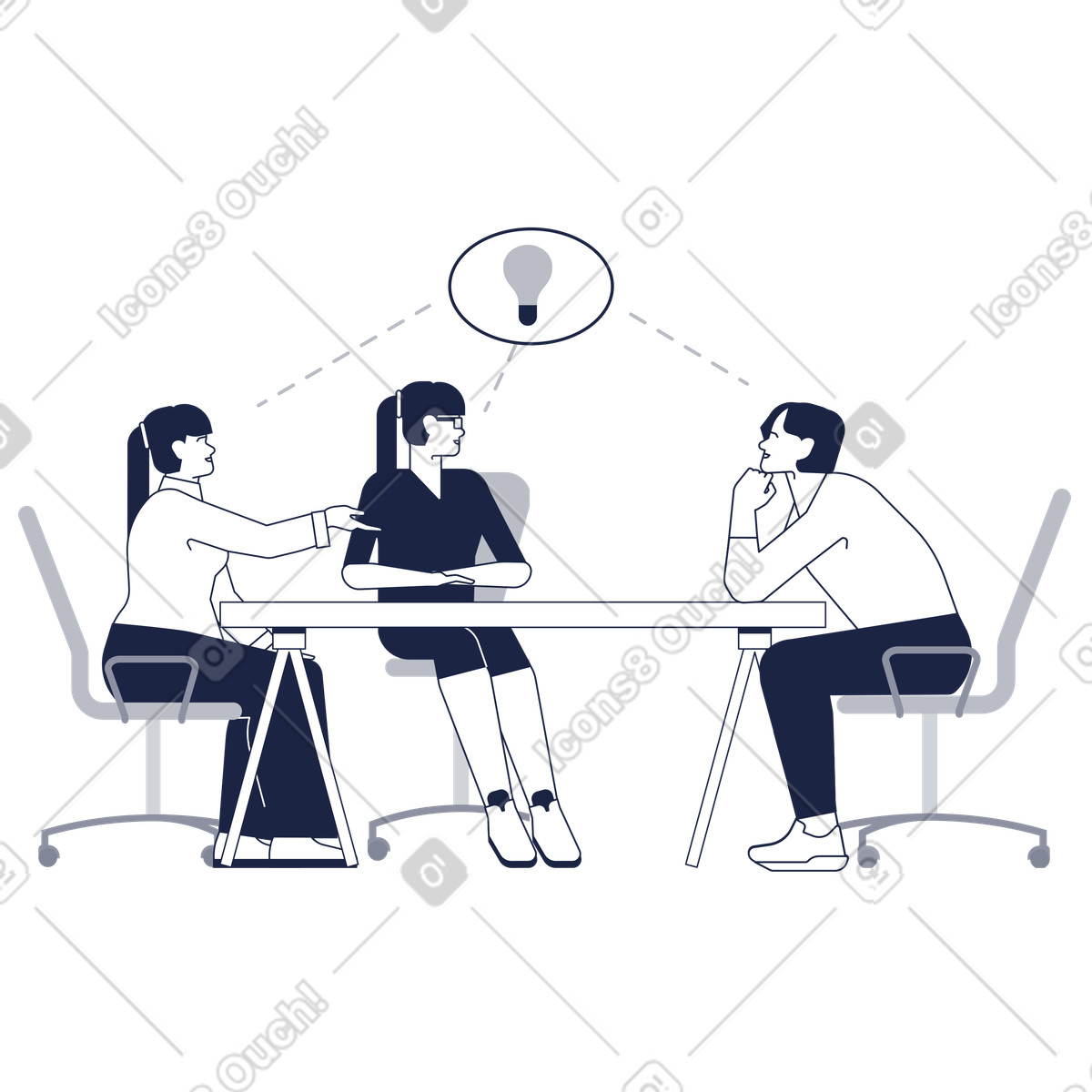 Le donne d'affari durante una riunione hanno avuto un'idea il brainstorming illustrazione in stile Urban Line scarica in PNG, SVG