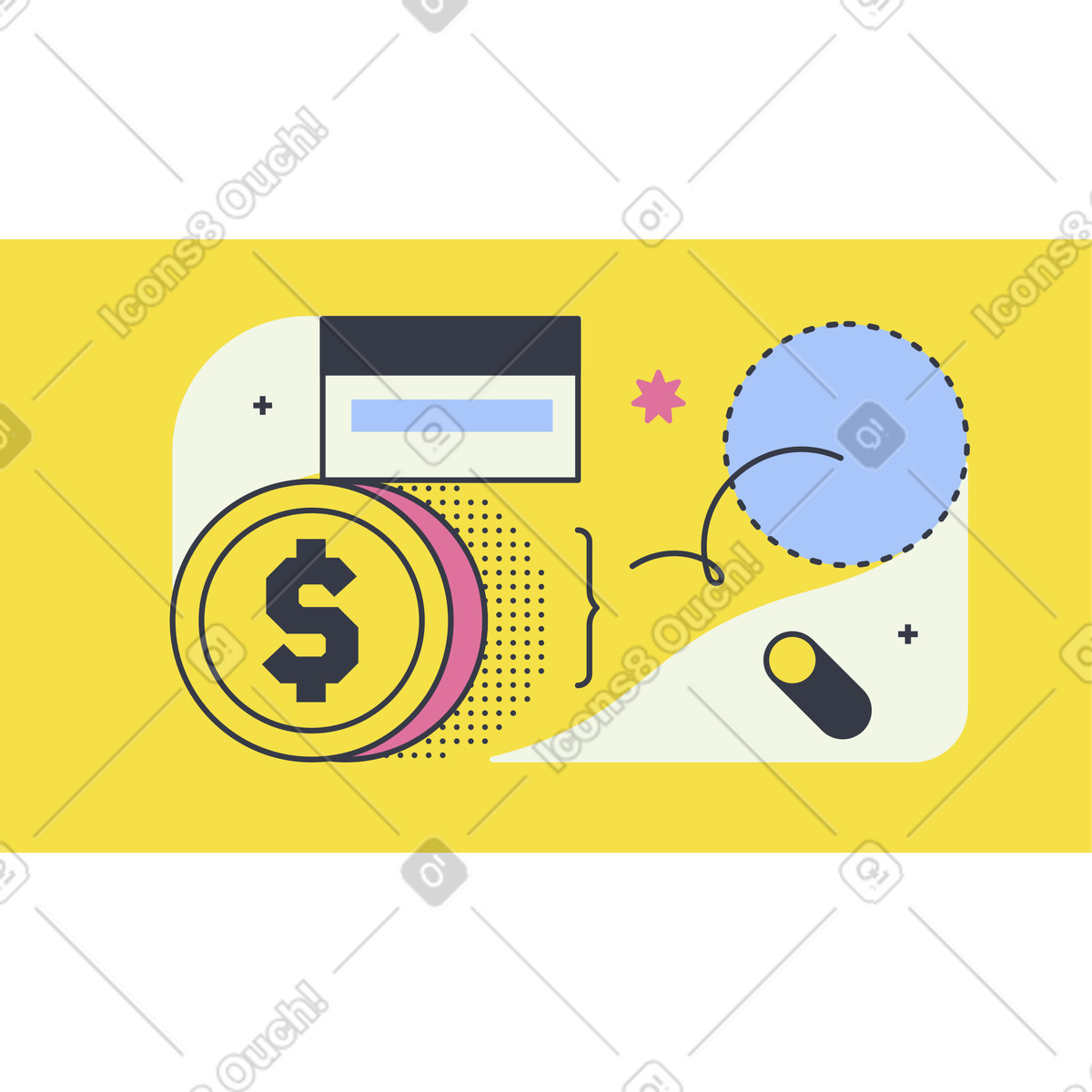 Pagamento online elaborato e moneta da un dollaro illustrazione in stile Abstract scarica in PNG, SVG