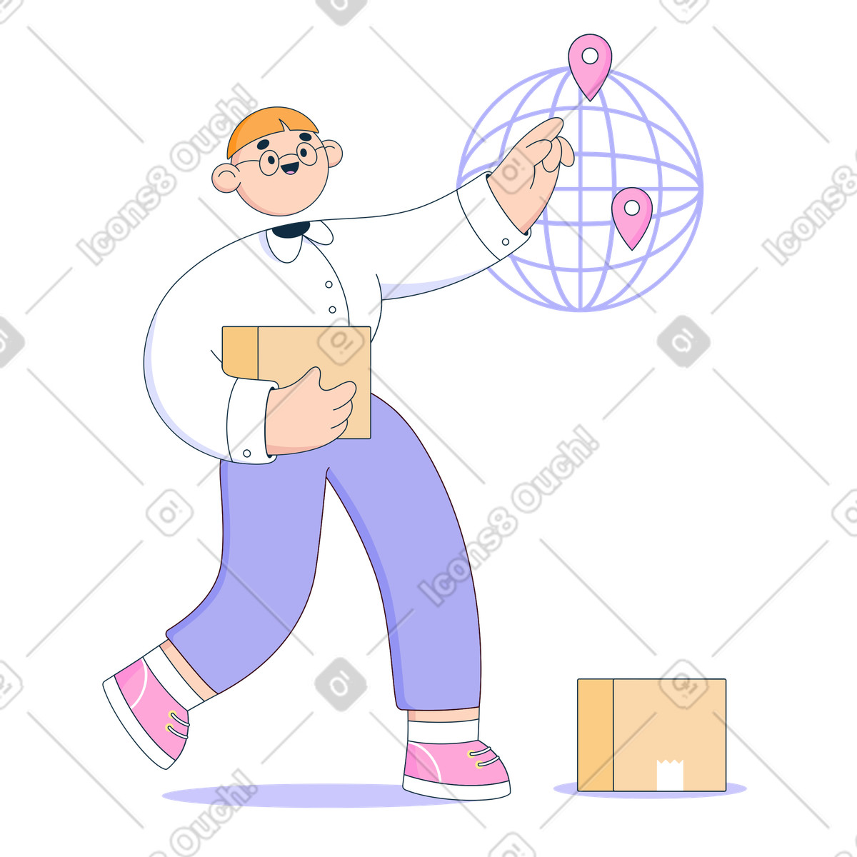 Illustration L'homme pointe sur le globe où livrer la boîte dans style Bubble gum à télécharger aux formats PNG, SVG