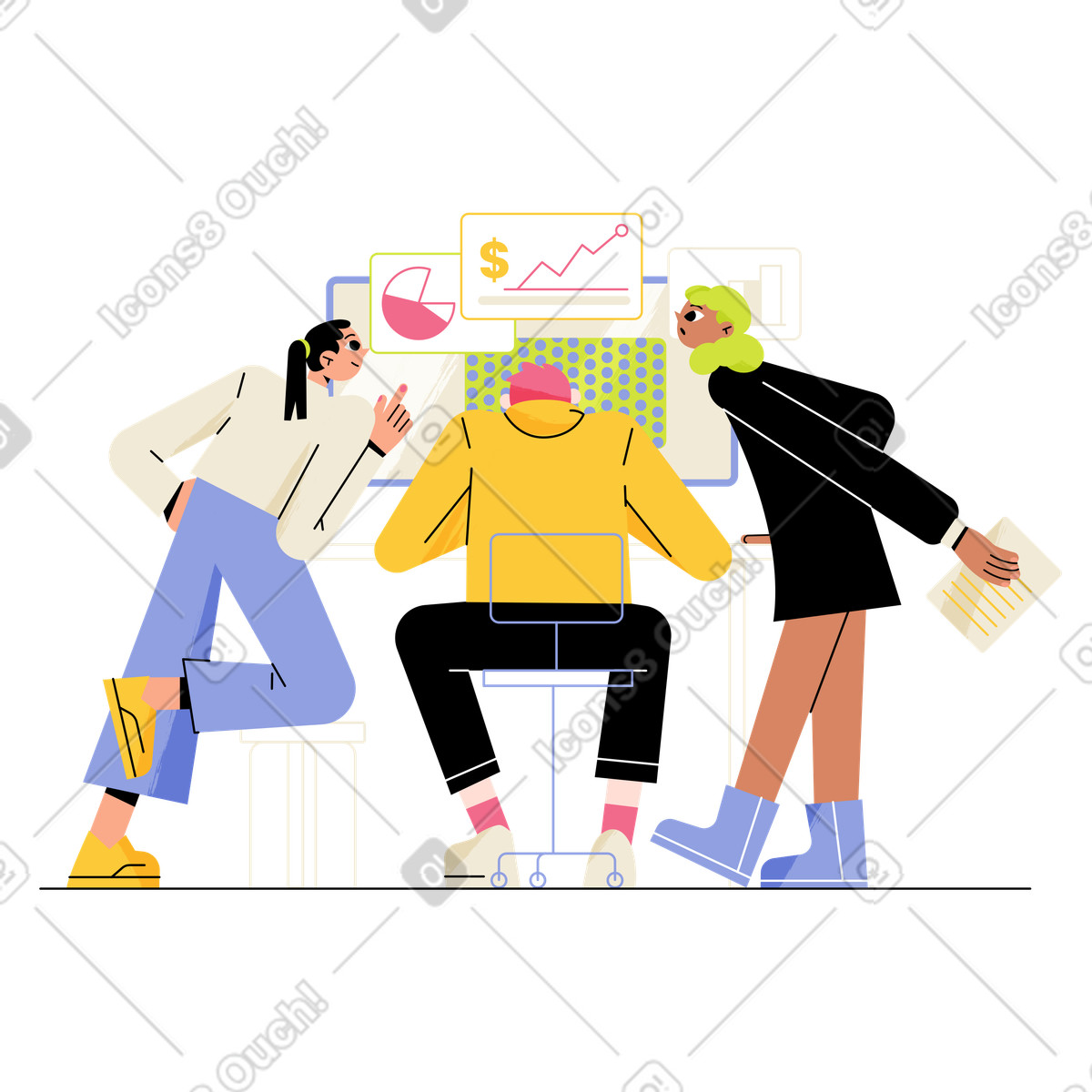 Juicy スタイルの Colleagues reviewing charts and diagrams, Office teamwork or business analysis concept のアニメーションイラストをGIF、Lottie (JSON)、AEでダウンロード