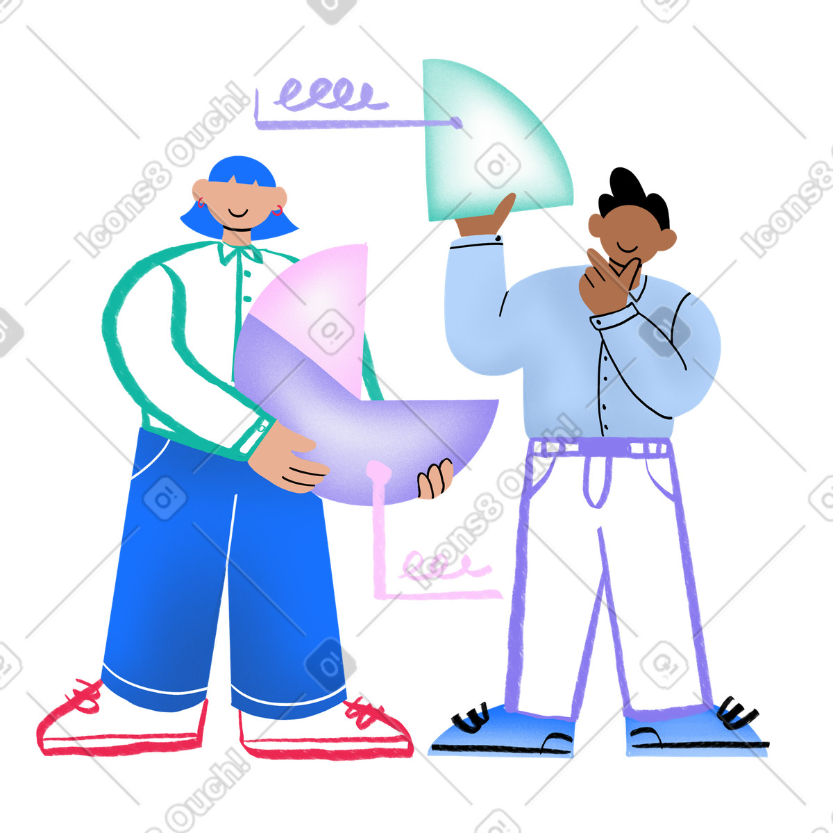 Bonny スタイルの Two office workers analysing data via pie chart のイラストをPNG、SVG形式でダウンロード