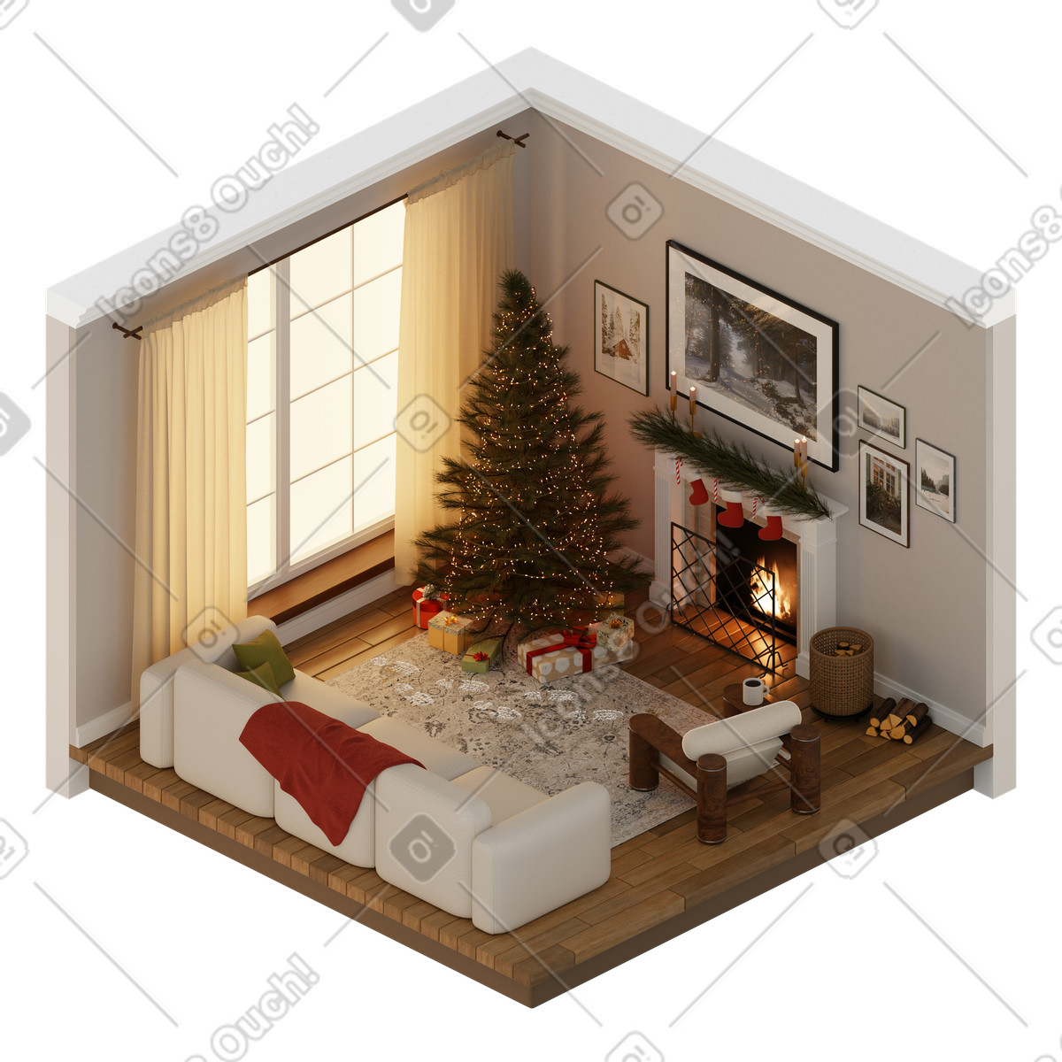 Stanza di natale isometrica illustrazione in stile 3D Rooms scarica in PNG, SVG