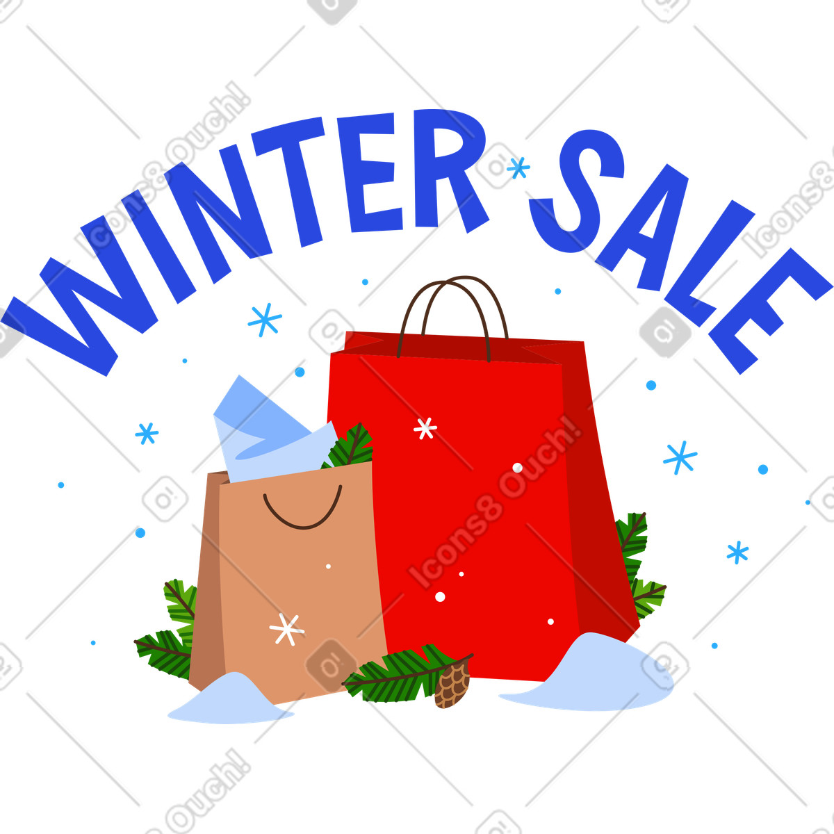 Ilustración Texto de letras y bolsas compras venta invierno en estilo Lettering a descargar en PNG SVG