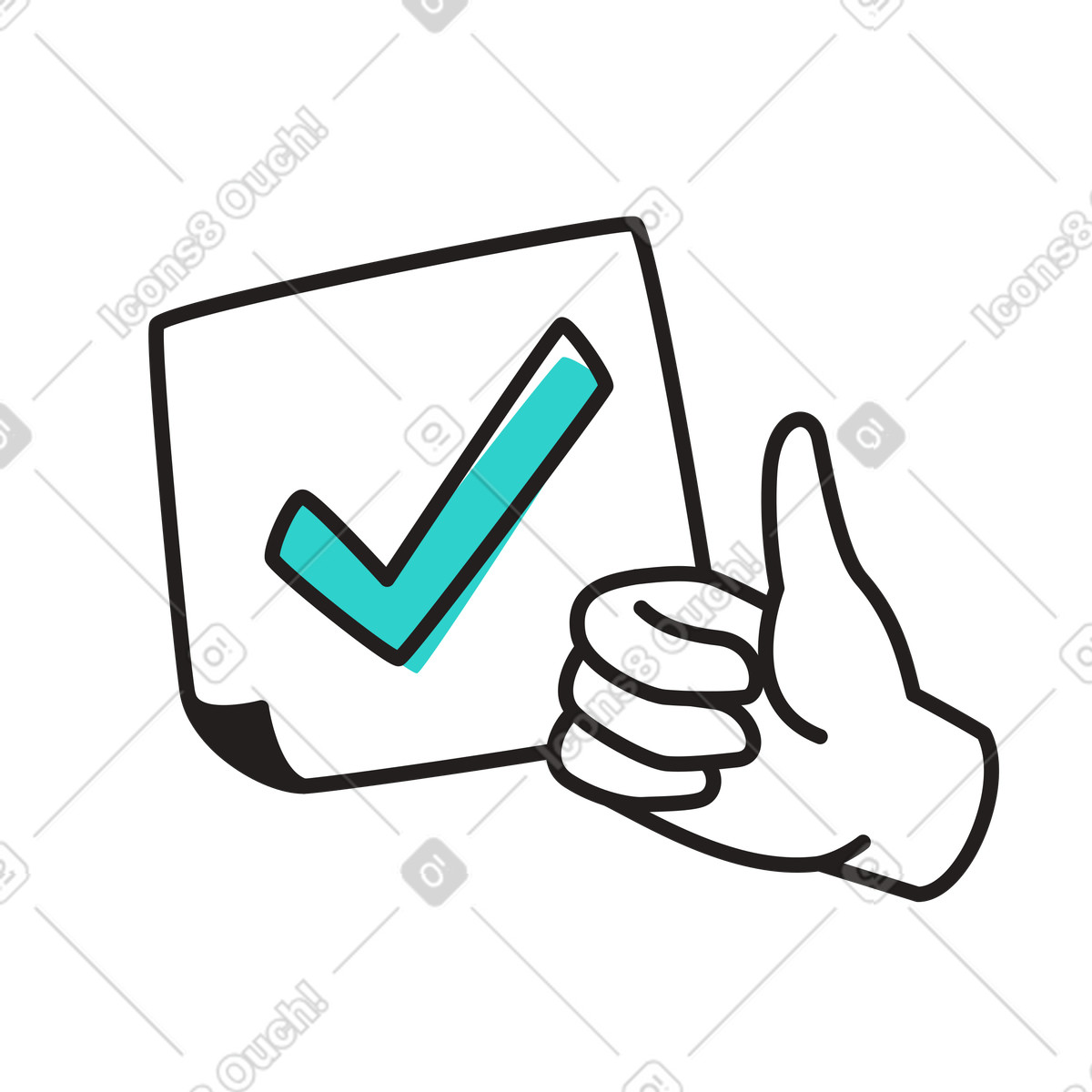 Illustration Tâche effectuée avec une coche et un pouce levé dans le style Little à télécharger aux formats PNG, SVG