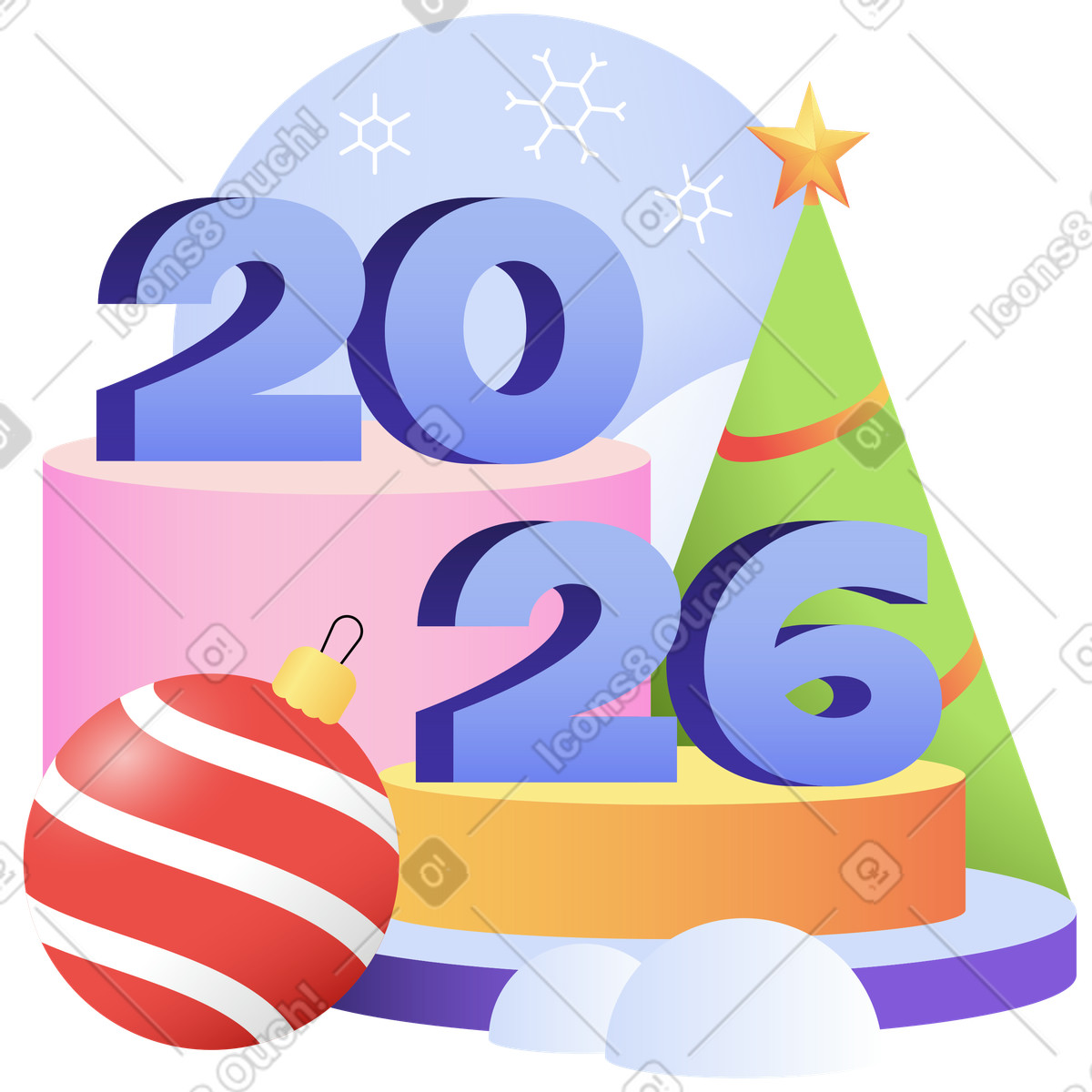 Lettering 2026 with fir tree and ornament text illustration in Levels style download in PNG, SVG