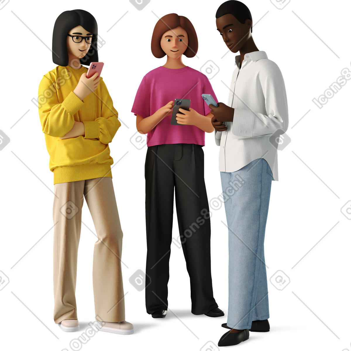 下载 3D Business 风格的 Three young women with phones 插画，支持 PNG、SVG 格式