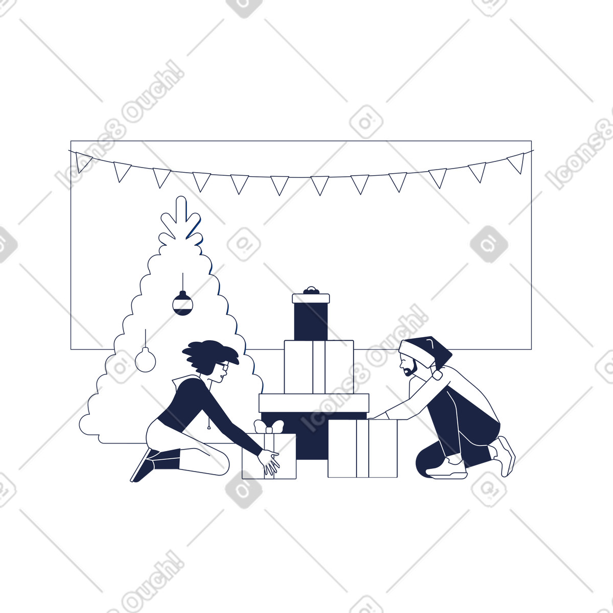 Illustration Famille emballant des coffrets cadeaux de noël dans le style Urban Line à télécharger aux formats PNG, SVG