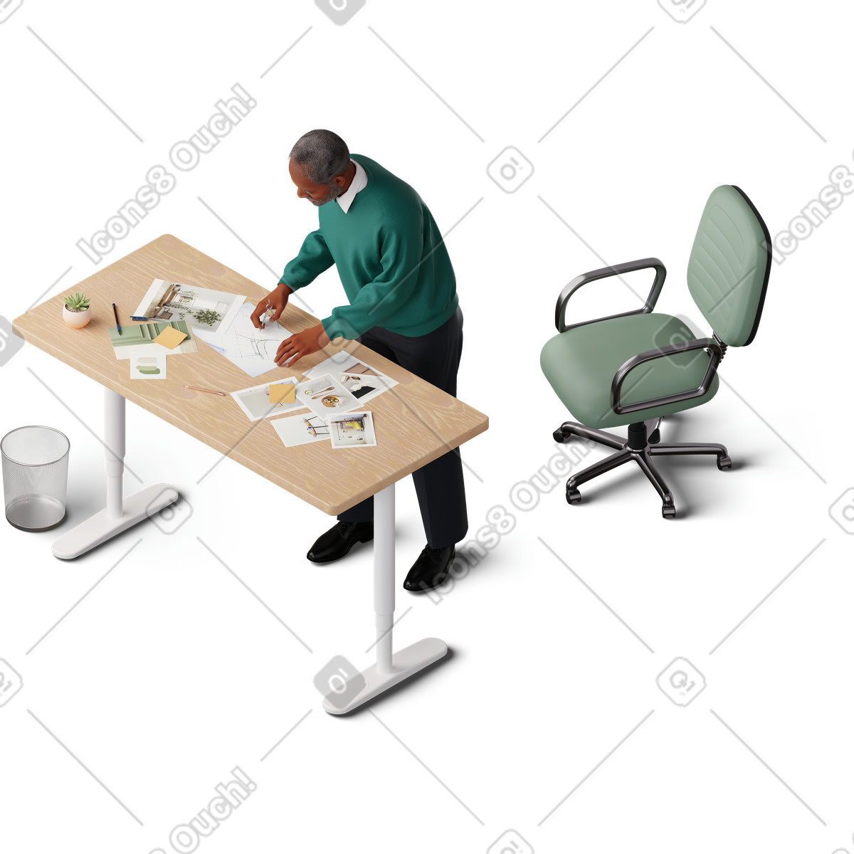 Illustration Vue isométrique de l'homme mesurant le plan avec diviseur dans style 3D Hygge à télécharger aux formats PNG, SVG