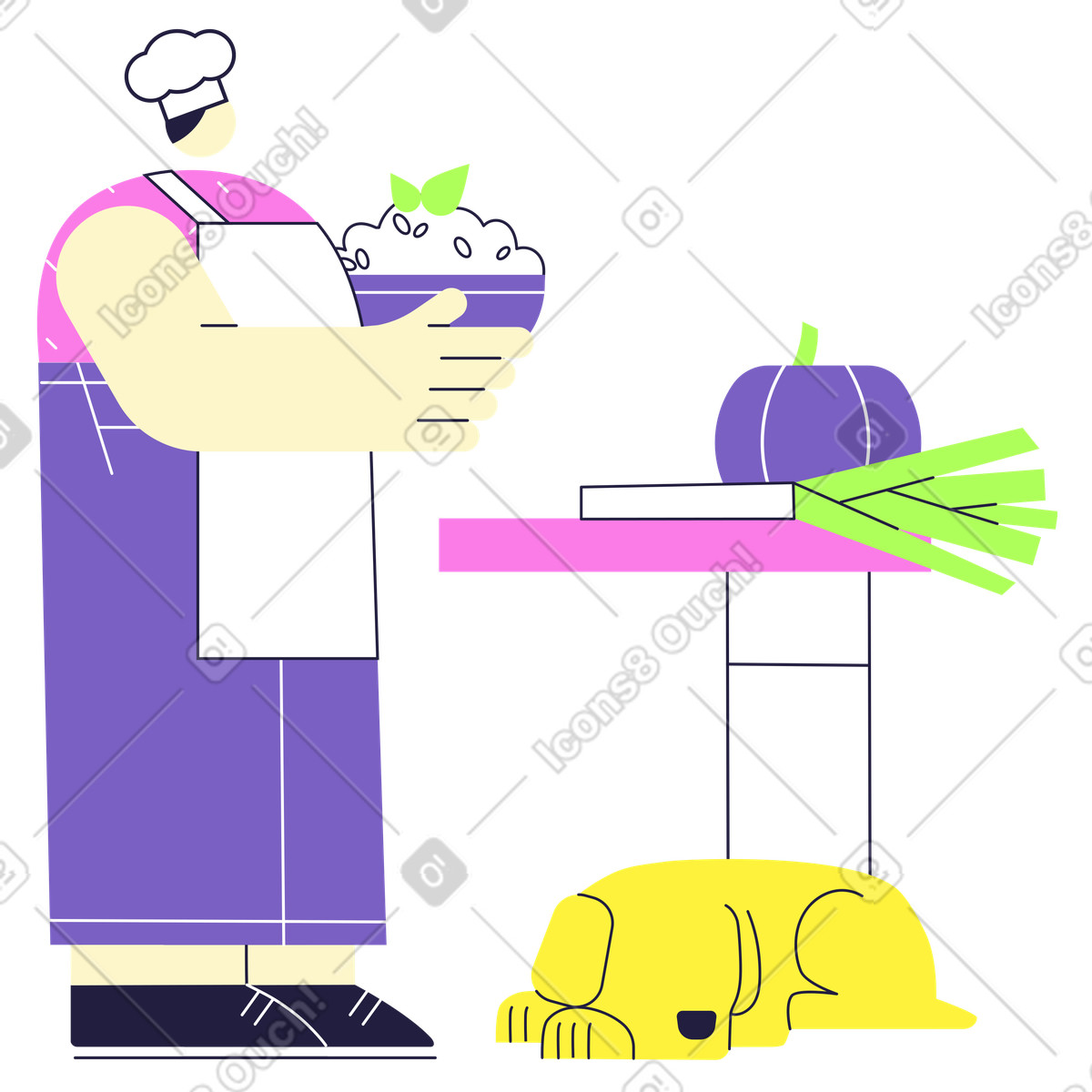 Uomo con cappello da cuoco che cucina a casa illustrazione in stile Mellow scarica in PNG, SVG