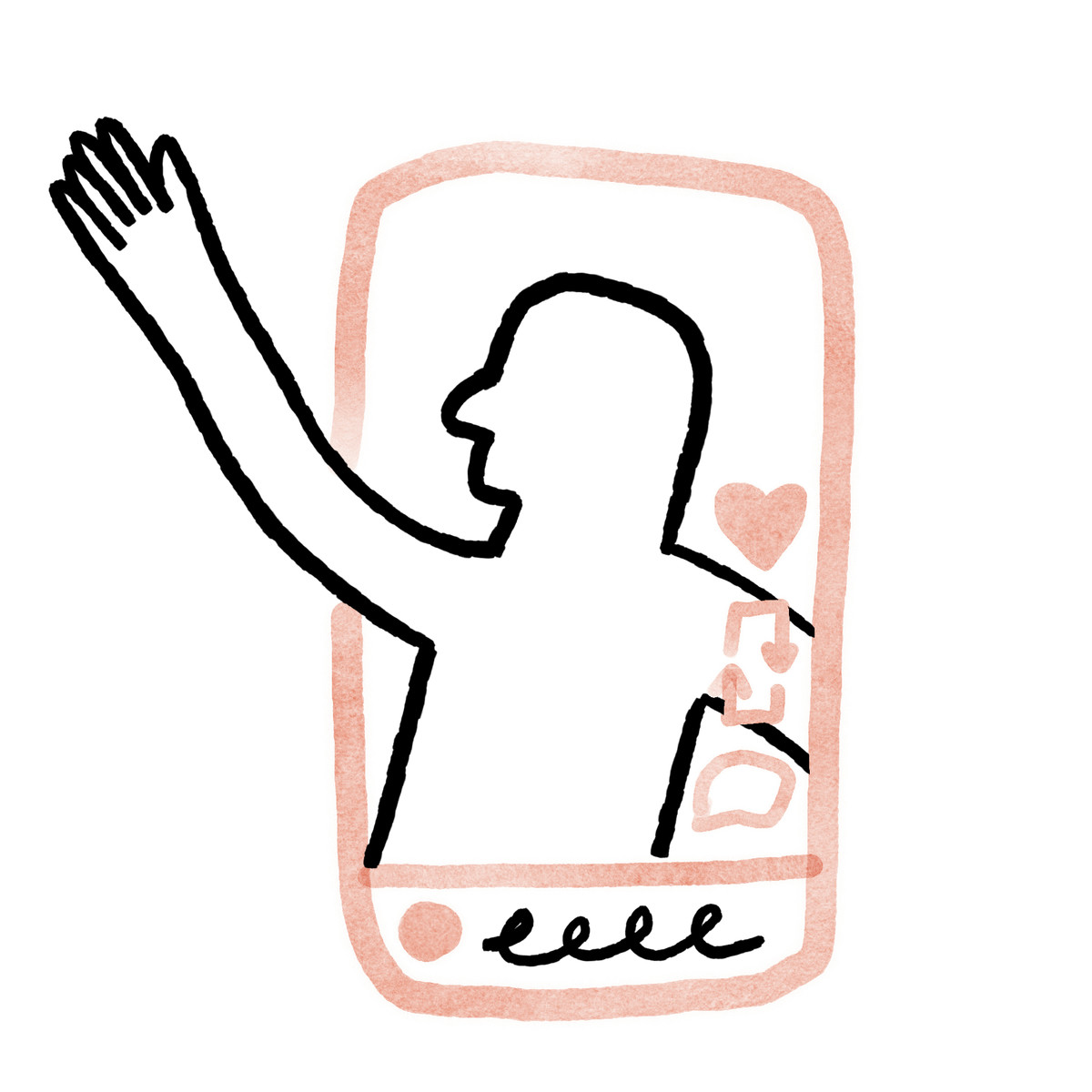 Ilustración Online influencer silhouette streaming through mobile phone with reaction icons en estilo Anthropic Claude Hand Drawn a descargar en PNG y SVG