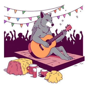 A duotone scene depicts a werewolf with thick gray fur, sitting on a wooden stage and playing a large orange guitar. The werewolf has sharp claws gently pressing the strings, and its eyes are focused intently on the instrument. Surrounding the stage, there are colorful decorations and strings of lights illuminating the area in a festive atmosphere. In the background, silhouettes of an audience enjoy the performance, some with their hands raised in excitement. The ground is covered with straw, and hay bales are placed around for seating.