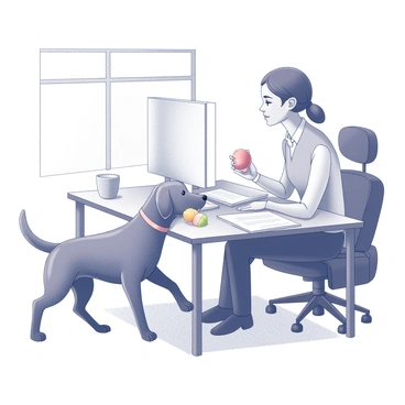 A dog with a shiny coat is carrying a colorful toy in its mouth. The dog is standing nearby, looking eagerly at its owner. The owner is seated at a desk, focused on a computer screen with a determined expression. The desk is cluttered with papers and a coffee cup, indicating long hours of work. The room has a window with natural light filtering in, casting soft shadows. The scene captures a moment of interaction between the dog and its owner, emphasizing the dog's playful energy against the owner's concentration.