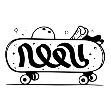 A skateboard featuring a large logo prominently displayed on its deck. The logo consists of intertwined letters that give a dynamic sense of movement. Light reflects off the logo, creating a shimmering effect around it. The skateboard has detailed texture on the grip tape and sturdy wheels, firmly placed on a flat surface. In the background, there are several skateboarding elements, including a helmet and a pair of worn-out gym shoes.