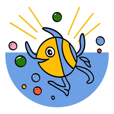 A cartoon fish with vibrant scales in shades of blue and yellow is energetically performing a dance. The fish has large, expressive eyes and a wide smile. Surrounding the fish are colorful bubbles of various sizes floating in the water. Bright light beams penetrate through the water's surface, creating a dynamic and lively ambiance around the fish as it twirls and sways, showcasing its joyful movements.