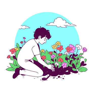 "Candide" is kneeling on the ground, carefully tending to a small garden filled with a variety of blooming flowers in vibrant colors. Around him, the flowers are in full bloom, showcasing a mix of shapes and sizes, creating a lively atmosphere. The sky above is clear and blue, with a few fluffy white clouds drifting by. Candide is wearing simple, light-colored clothing, and a small trowel is in his hand as he gently digs into the soil. Bright green leaves surround the flowers, adding to the lushness of the garden.