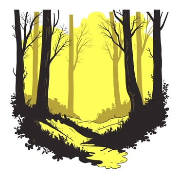 A yellow forest is filled with tall, shadowy trees that stretch high into the sky. The ground is carpeted with thick, lush undergrowth. A dense veil of fog weaves through the trees, creating a sense of obscurity. The mist wraps around the trunks, softening their edges and creating a ghostly atmosphere. Dim light filters through the fog, giving the scene an ethereal quality.