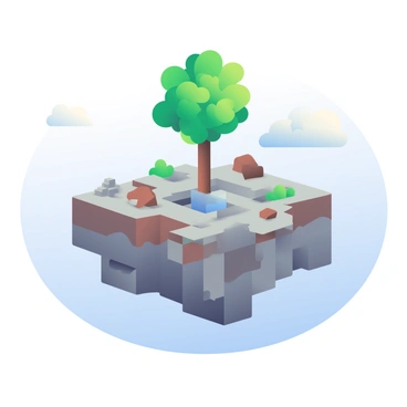 A floating Skyblock island is depicted in the foreground, surrounded by a soft blue sky. The island is composed of various gray and brown blocks, creating a rugged texture. At the center of the island, there is a small, lush green tree with a slender trunk and abundant leaves. Scattered around the island are limited resources, including a few dirt blocks and a small water source. Soft clouds drift in the background, adding a sense of depth to the scene.
