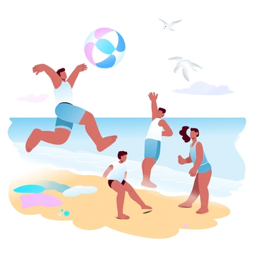 A group of children is playing with a large, colorful beach ball near the ocean shore. Two children are jumping to hit the ball, their arms outstretched. Another child stands excitedly in the shallow water, ready to catch the ball as it comes down. The sand is golden and dotted with colorful beach towels. Gentle waves lap at the shore, creating a serene backdrop. In the distance, a few seagulls can be seen soaring above the water. Bright sunlight casts a warm glow on the scene, enhancing the cheerful atmosphere of the beach day.
