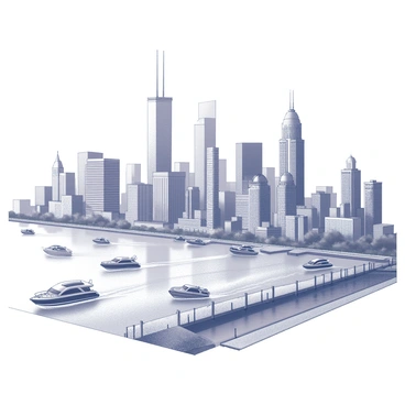 A detailed city skyline featuring numerous high-rise buildings with various architectural designs, including glass facades and modern structures. The skyline is set against a clear sky. Below, a bustling harbor is filled with several motor boats actively navigating through the water. Some boats are larger, with visible engines and streamlined shapes, while others are smaller, creating wakes as they move. The harbor is lined with docks and piers, with people walking along the edges, observing the activity on the water.