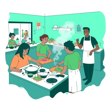 A teal kitchen filled with several participants actively engaged in a cooking class. Each participant is focused on their own workspace, where colorful ingredients and cooking tools are scattered around. One person is chopping bright green vegetables on a wooden cutting board, while another is stirring a pot on a white stove, steam rising into the air. A teacher, wearing a white apron, is demonstrating a technique at the front of the room. The walls are adorned with colorful recipe cards and kitchen utensils. Laughter and excitement fill the atmosphere as the participants share tips and taste their creations.