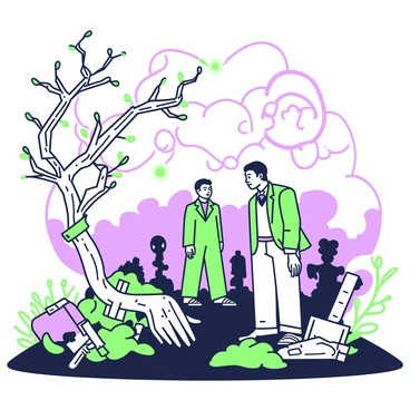 A surreal dream world depicts a landscape filled with contrasting elements. In the foreground, there is a twisted tree with branches that resemble skeletal hands reaching upwards. Surrounding the tree are fragmented pieces of machinery, interspersed with human anatomical sketches. In the center, a figure resembling Victor Frankenstein stands, with an expression of deep contemplation. He is surrounded by swirling clouds that form abstract shapes, representing his fears and ambitions. In the background, there are shadowy silhouettes of monstrous figures lurking, blending into the mist. The ground is uneven, with patches of dark soil and patches where strange plants emerge.