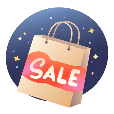 A shopping bag made of brown kraft paper is in the foreground. The bag has handles made from twisted paper. A bright, glowing "Sale" sign in bold, red letters is prominently displayed on the bag. The background is dark and filled with scattered stars, creating a sense of depth and wonder. The stars vary in size and brightness, adding to the overall atmosphere. The shopping bag stands out against the celestial backdrop, attracting attention to the "Sale" sign.