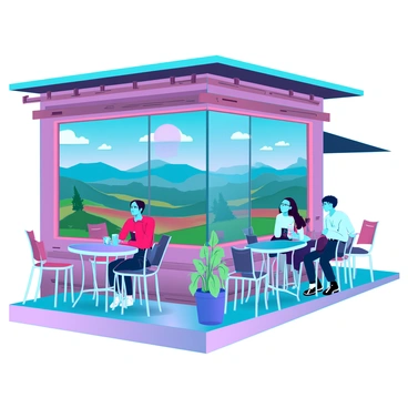 A quaint corner cafe with a charming exterior featuring rustic wooden beams and large glass windows. There are metal tables and colorful chairs arranged on the outdoor patio, with potted plants adding a touch of greenery. The wall of the cafe has a large, vibrant mural depicting a picturesque landscape with rolling hills and a bright blue sky. A few customers are seated, enjoying their drinks and engaging in conversation. Sunlight casts playful shadows on the ground, creating a warm and inviting atmosphere.