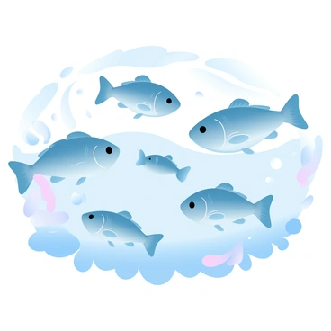 A shoal of walleyes swimming in a shallow river. The water is clear, revealing rocks and pebbles on the riverbed. The walleyes are displaying their distinct markings and streamlined bodies as they navigate through the gentle currents. Ripples on the water surface create a subtle pattern, reflecting light in soft pastel colors. Small plants and aquatic vegetation are visible around the walleyes, adding to the natural environment.
