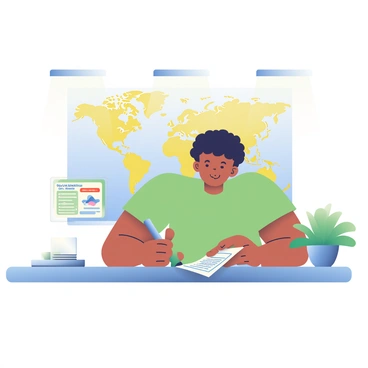 A traveler with light brown skin and short, curly black hair is seated at a desk in a consulate office. They are focused on filling out a passport application form with a blue pen. The desk is organized, holding a small stack of completed applications and a clear acrylic holder displaying information about passport requirements. A potted green plant sits in the corner of the desk, and a large world map is displayed on the wall behind the traveler, highlighting various countries with colorful pins. The atmosphere is bright, illuminated by overhead lights, creating a professional environment.