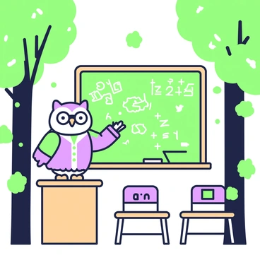 An owl is standing on a wooden podium in front of a chalkboard. The chalkboard is filled with green chalk writing that includes various mathematical equations and drawings of animals. The owl is wearing reading glasses perched on its beak and is dressed in a small green and purple cardigan. Its wings are slightly outstretched as if gesturing towards the chalkboard. Surrounding the classroom are tall trees with dense foliage, and patches of sunlight filter through the leaves, creating a serene forest atmosphere. A few wooden chairs are arranged in front of the owl, each with a small green and purple notebook resting on them.