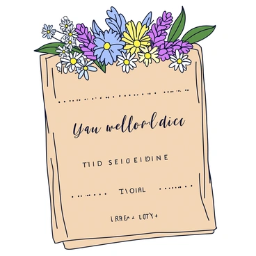 A wedding invitation featuring a textured wooden background. The top of the invitation displays an arrangement of colorful wildflowers, including daisies and lavender, in a natural style. The text is elegantly written in a soft, cursive font, centered in the middle of the design. The color palette includes earthy tones that complement the rustic theme, with greens and browns harmonizing with the floral accents.