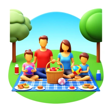 A family consisting of four members, two adults and two children, sitting on a "patterned picnic blanket" spread on a "green grassy field." The adults are smiling and holding a "basket filled with various foods," while the children are playing with a "colorful beach ball." In the background, there are "trees providing shade" and a "clear blue sky" above them. There are also "plates of sandwiches and fruits" arranged on the blanket, and a "thermos filled with juice" beside them.