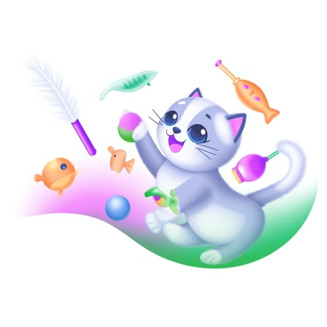 A playful kitten with fluffy fur and bright eyes is energetically chasing after six colorful toys. The toys include a small, plush mouse, a shiny ball, a feathered wand, and a rubber fish. Four of the toys are scattered around the playful kitten, while the remaining two are held in its paws. The background features soft pastel colors that enhance the lively scene, creating a cheerful and vibrant atmosphere.